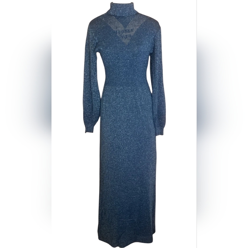 Vintage 1970s Wenjilli Metallic Blue Knit Maxi Dress 11/12